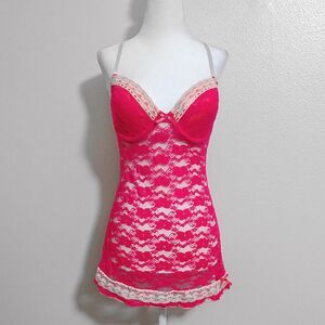 2000s Just Sexy Hot Pink Lace Lingerie Mini Slip Dress & Thong Set | Size XL